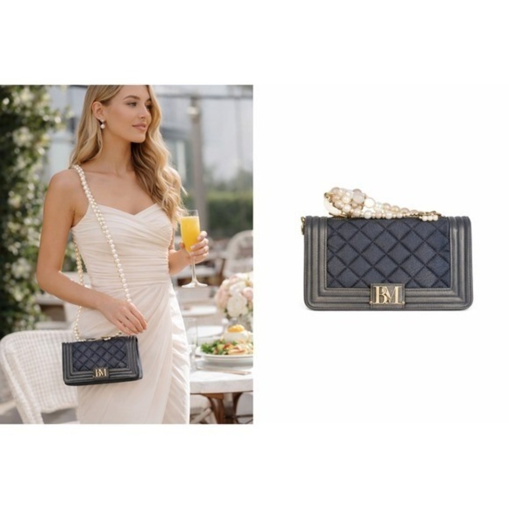 Badgley Mischka Vegan Leather Denim Diamond Quilted Crossbody Pearl Strap luxury